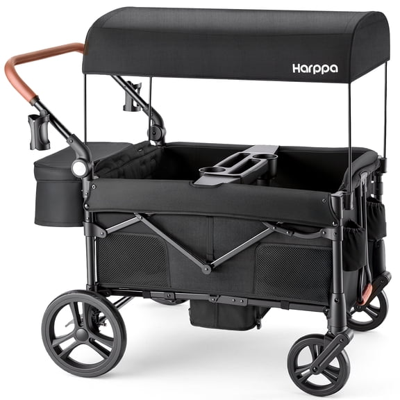 HARPPA Foldable Wagon Stroller for 4 Kids with 5-Point Harness, Canopy, Black