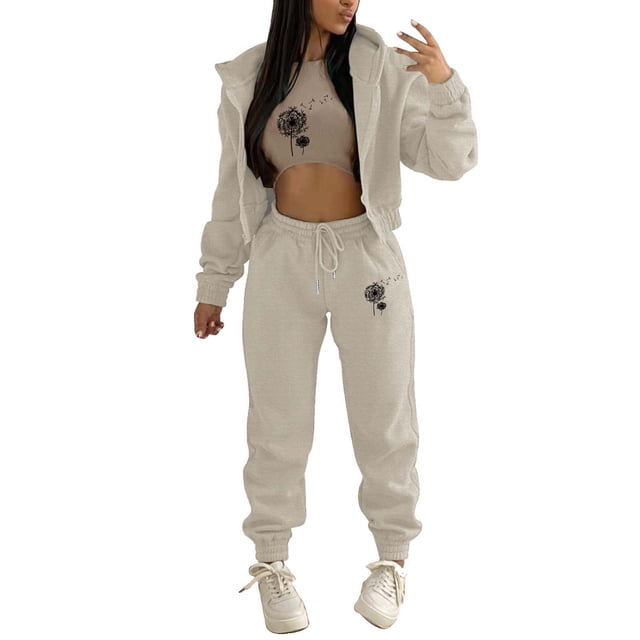 Gibobby Conjunto dama pants y sudadera afelpada Conjunto deportivo informal de piezas con capucha y estampado de diente de león para mujer(Caqui,G)