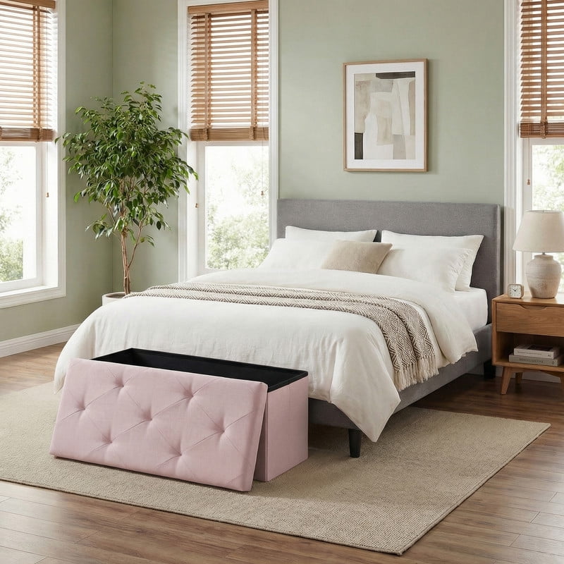 Gianna 30 Inch Folding Ottoman With Storage Bench, Bedside Storage Bench With Linen Top Cover and Cushion, Footrest Suitable for Bedroom, Living Room, Pink