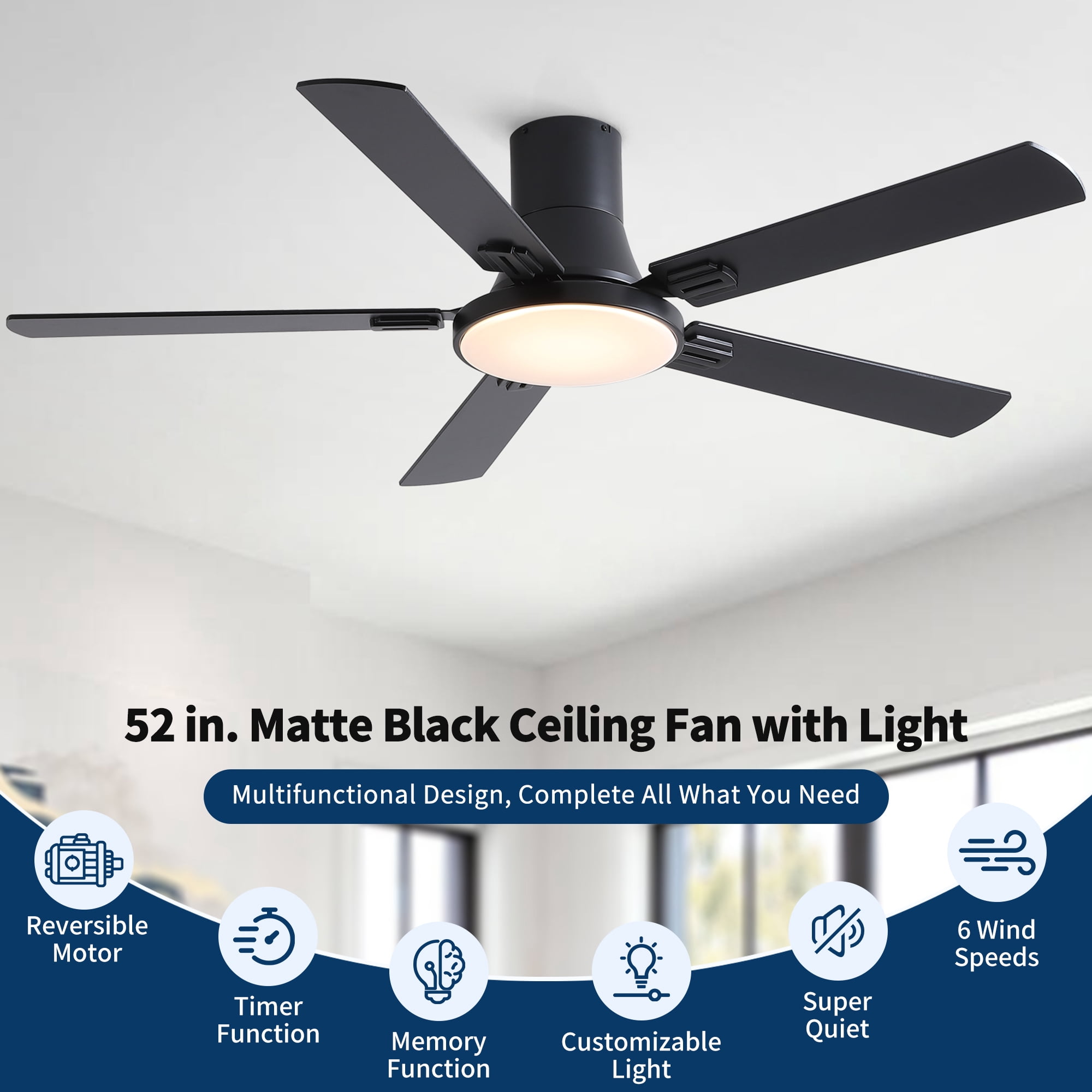 Leumius 52" Ceiling Fan with Lights and Remote, Mordern Minimalism Black Flush Mount Ceiling Fan with Light and Double-Sized Blades for Living Room Bedroom