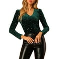thumbnail image 5 of INSPIRE CHIC Women's Velvet V-Neck Long Sleeve Metallic Shiny Star Blouse XS Green, 5 of 7