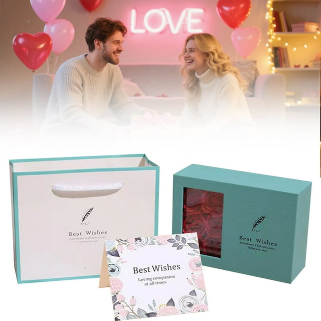Hot Selling Now!Valentine'S Day Gift Box with 6 Roses, Feather Design Tiffany Blue, Rose Ring Jewelry Box for Eternal Rose, includes tote Bag & Card