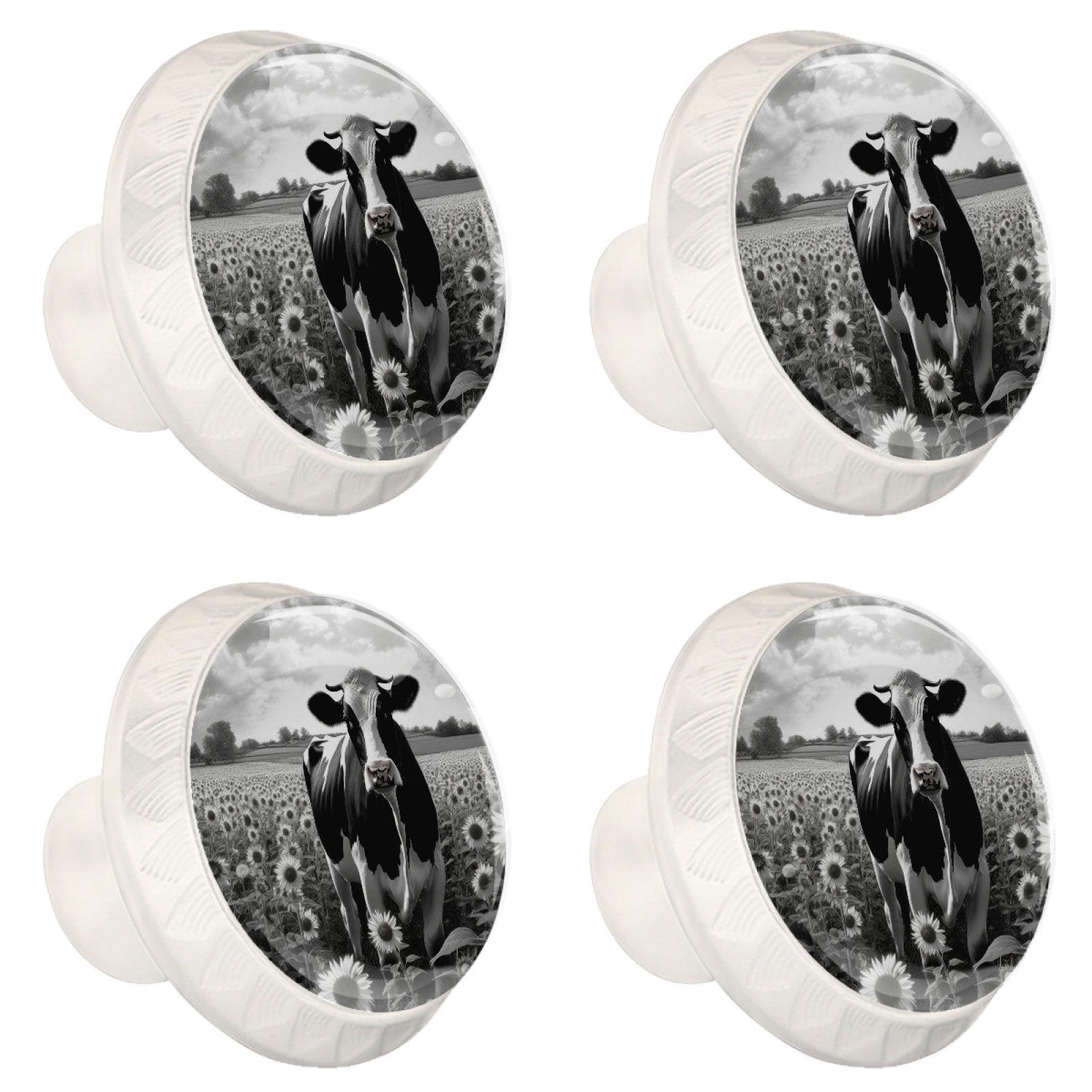 4 Pcs Cow and Sunflower Knobs for Kitchen Cabinet Cupboard Dresser Bookcase Drawer Pulls Handles Round Home Decor