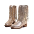 thumbnail image 4 of Puntoco Girls Glitter Fringe Cowboy Mid-Calf Boots Round Toe Side Zipper Low Block Heel Western Sparkly Tassel Boots for Party, 4 of 8