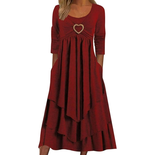 Robes de Printemps pour Femmes Décontractées Manches 3/4 Longue Robe Évasée Basique Plage Vacances Travail Maxi Robe 2025