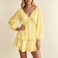 thumbnail image 2 of Women's V Neck Puff Long Sleeve Tiered Ruffle Mini Dress, Solid Elastic Waist Flowy Chiffon Summer Swing Short Dress Yellow XL(XL), 2 of 5