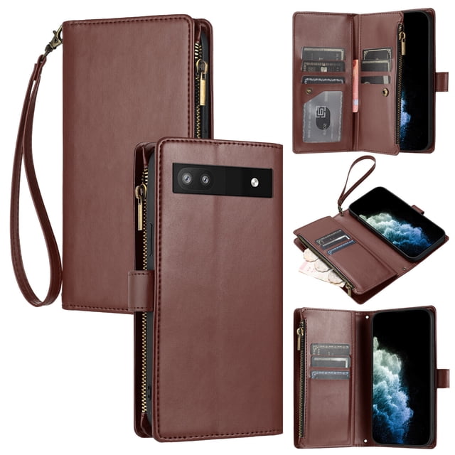 Compatible avec Google Pixel 7A Étui Portefeuille Premium Fermeture Éclair Grand Espace Rabat en Cuir PU