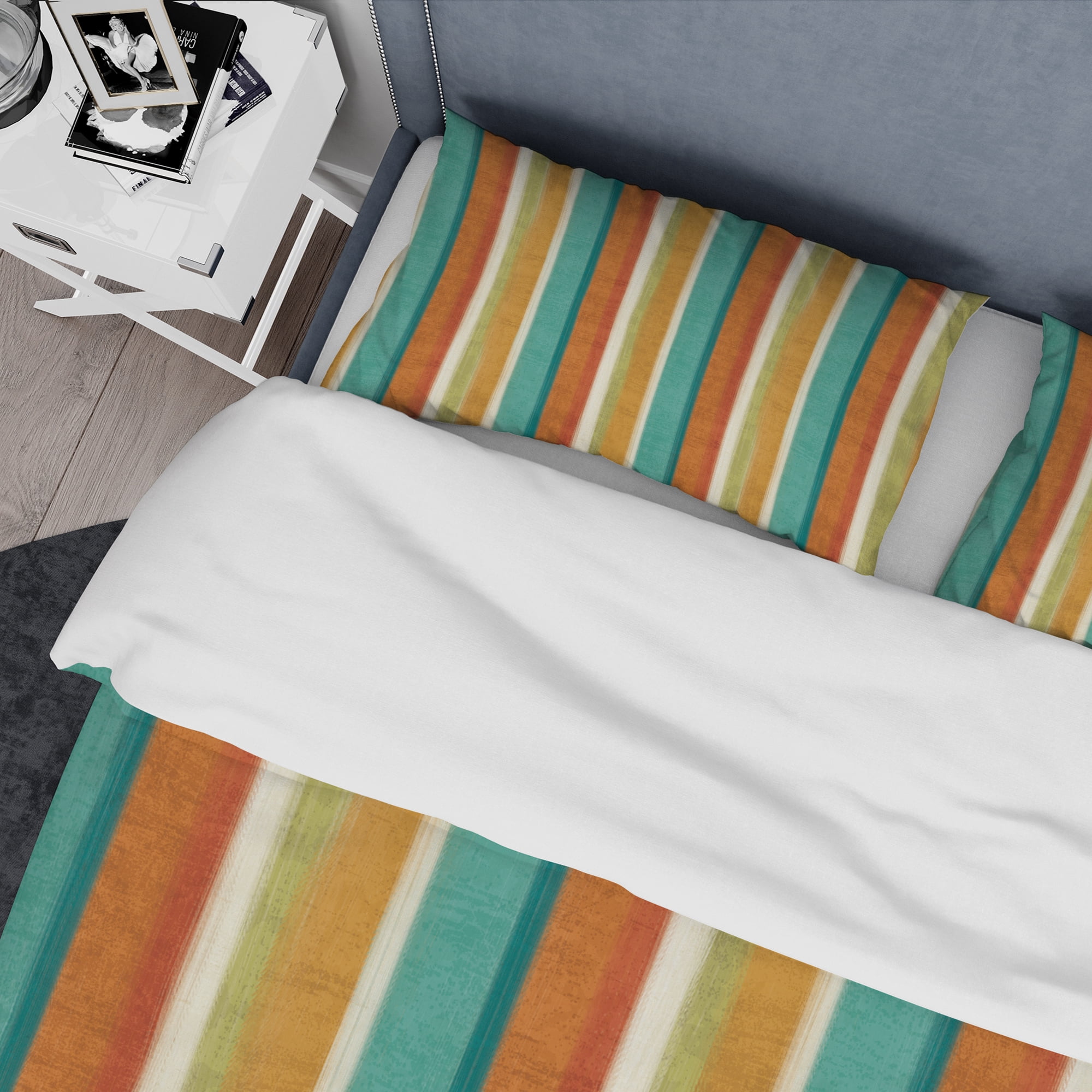 Designart 'Blue, Green and Orange Vertical Abstract Stripes' Geometric Duvet Cover Set