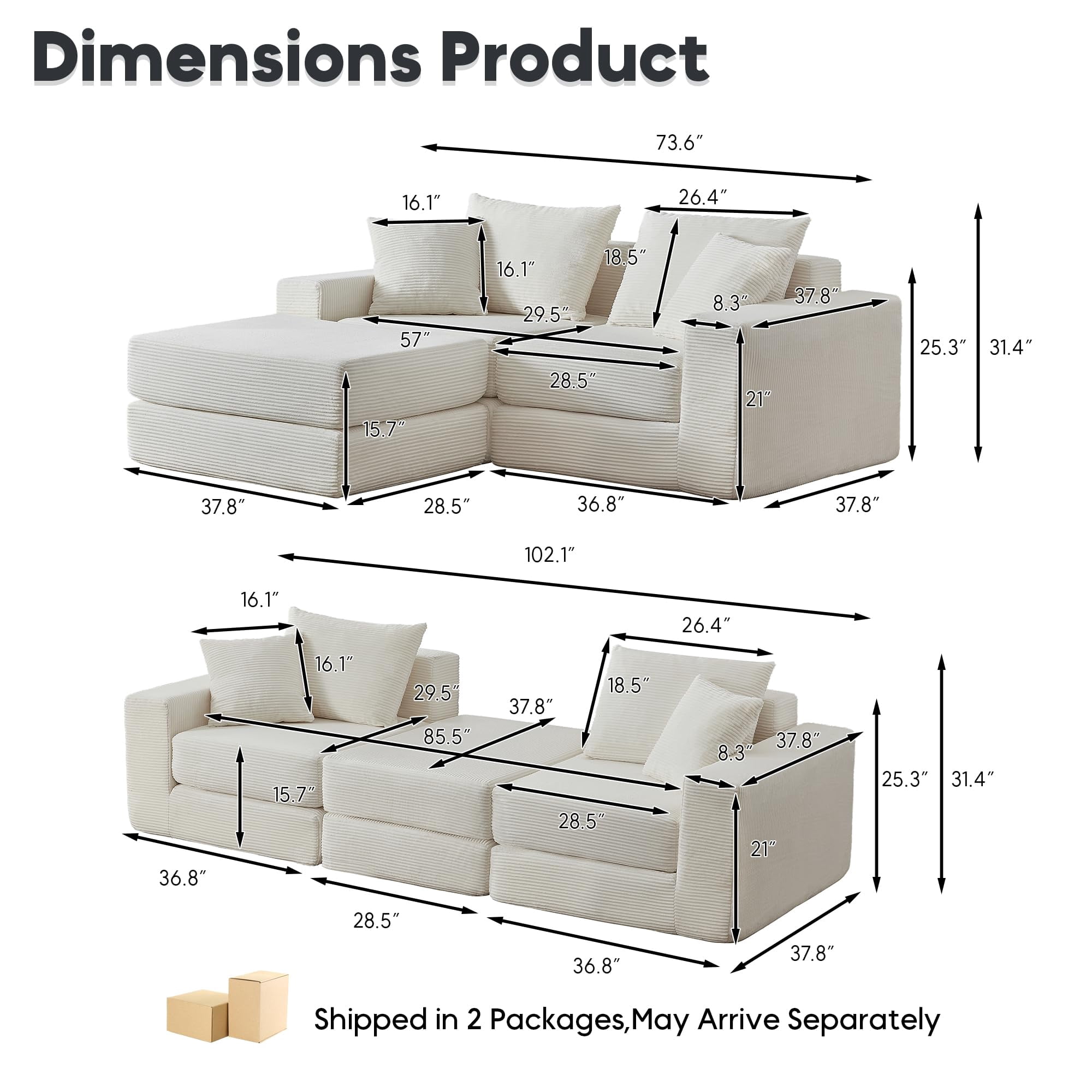 Tmsan 73.6" Modular Sectional Sofa,boneless loveseat couch with 4 Pillows,Classic L-Shape Design Convertable, for Living Room and Office,White