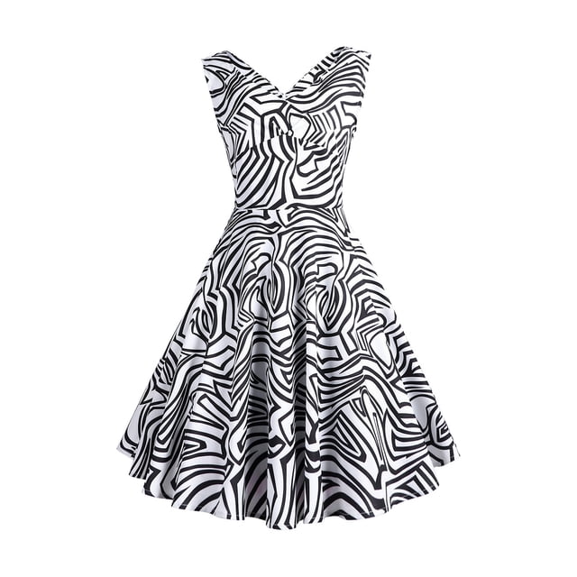 Leutsin Robe d'Été Sans Manches à Col en V à Imprimé Vintage Évasée pour Femme Grande Taille
