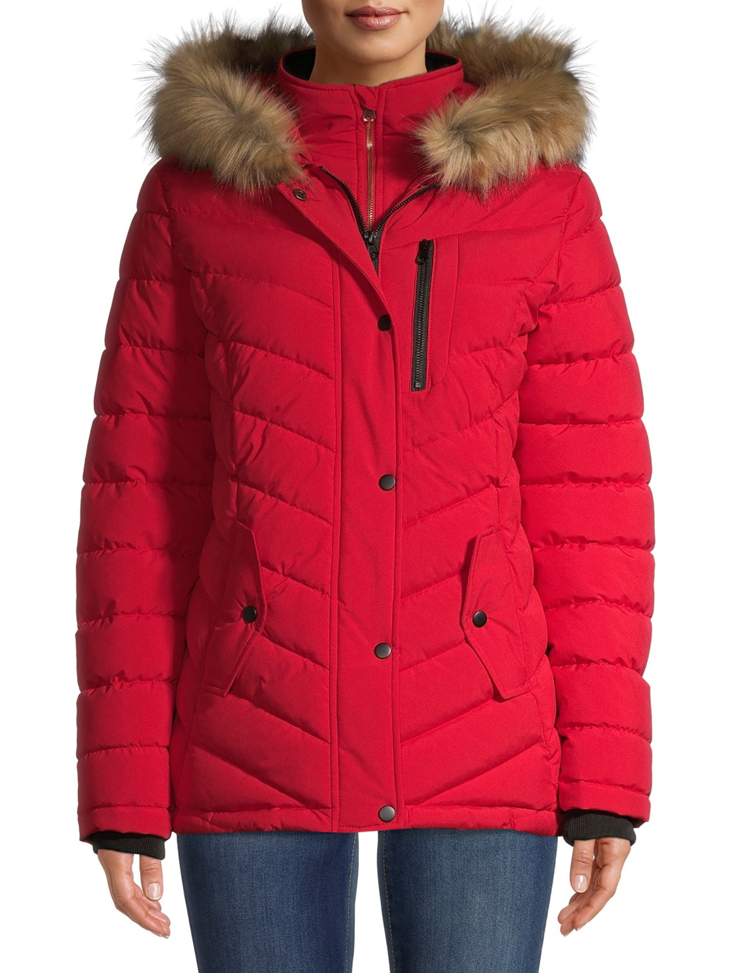 red coat with fur trim hood
