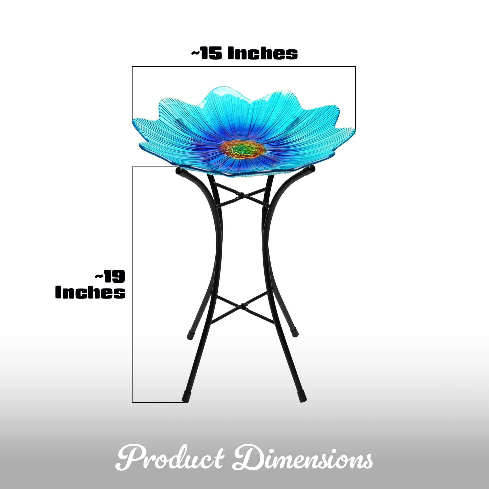 G128 19 Inch Height Glass Bird Baths with Metal Stand | Decorative Blue BirdBaths Bowl Outdoor Garden Bird Feeder