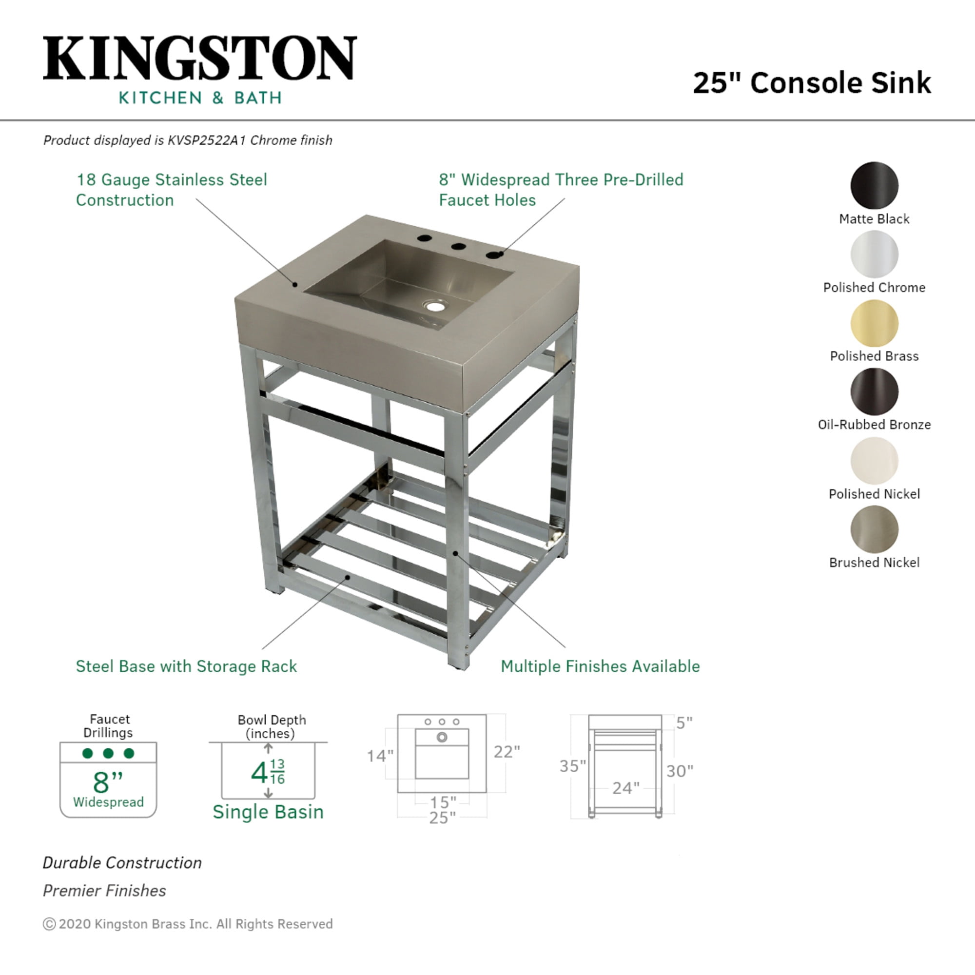 Kingston Brass KVSP2522A6 Kingston Commercial 25" Stainless Steel Console Sink with Steel Base (8-Inch, 3-Hole), Brushed/Polished Nickel