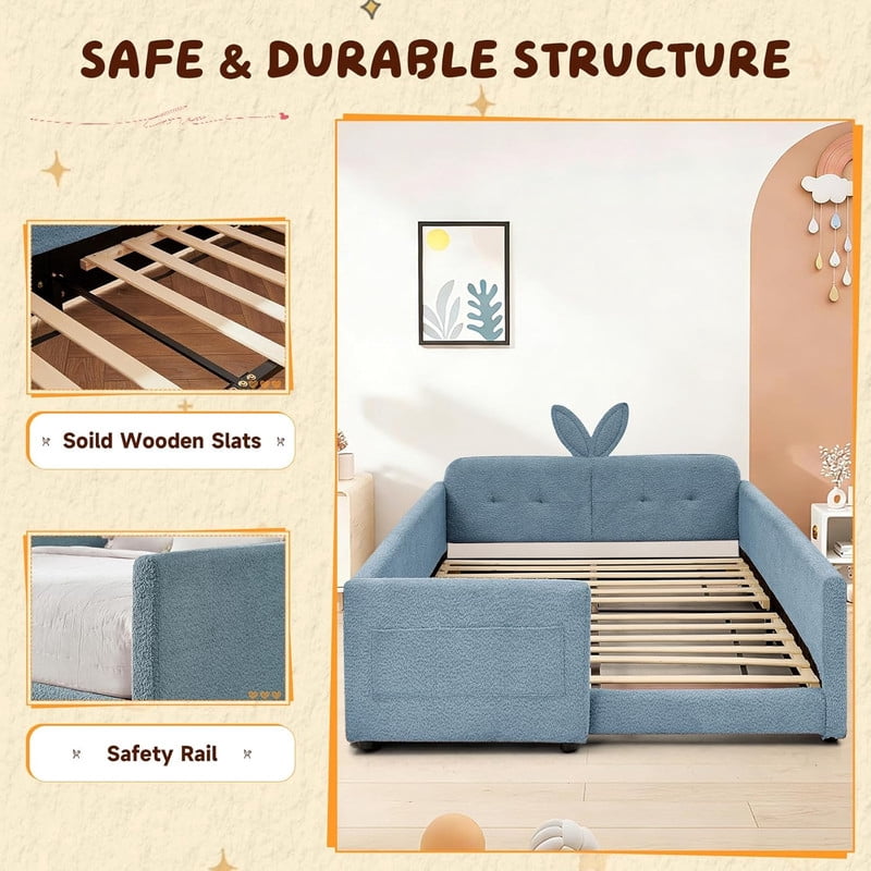 Full Size Upholstered Platform Bed with Rabbit Ear Shaped Headboard, Boucle Fabric Kids Bed with Side Pockets and Safety Guardrail, Space-Saving Corner Bed for Girls, Boys, Teenager