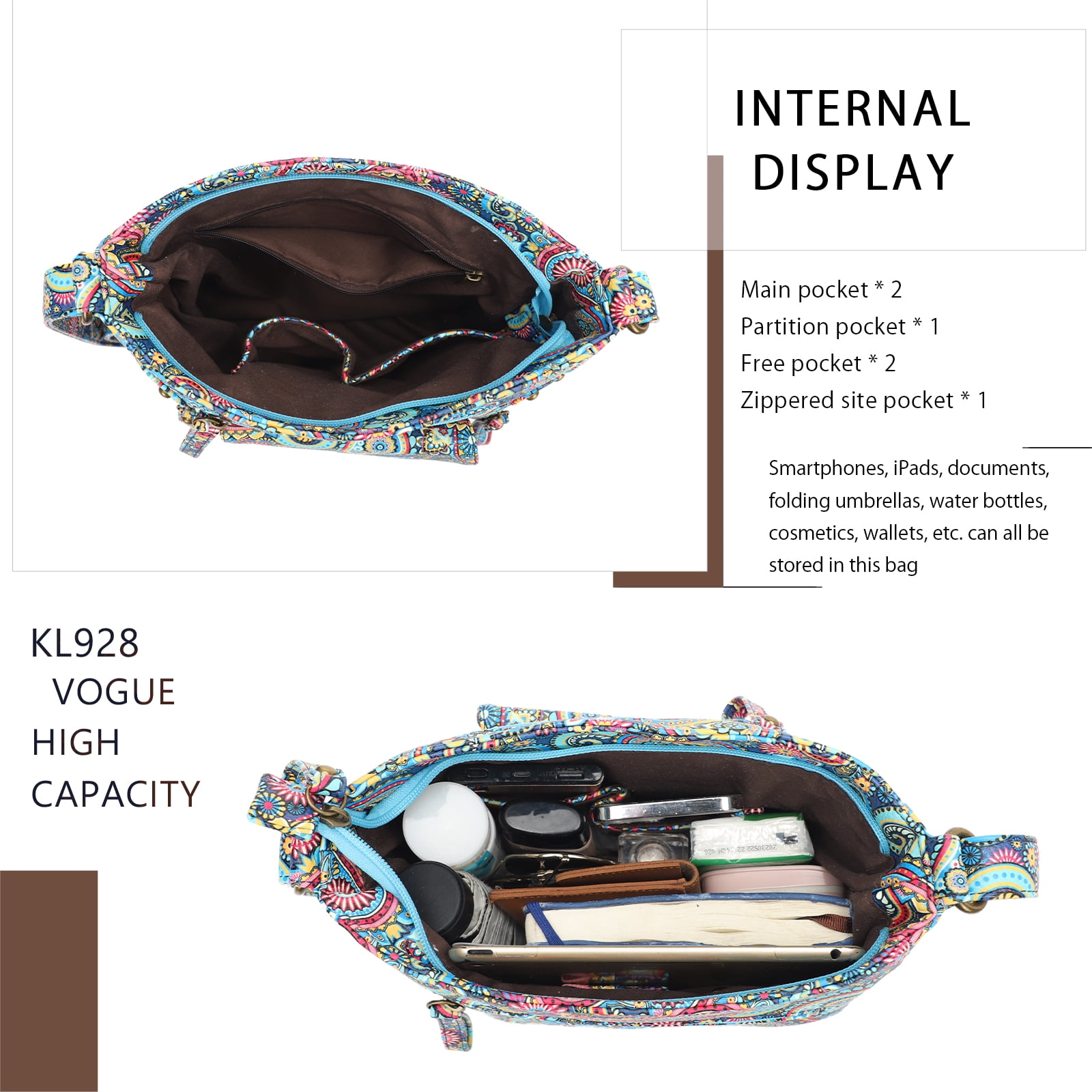 KL928 Crossbody Bag for Women Multi-pocket Shoulder Messenger Bag Floral Printed Purse Handbag Travel Bag