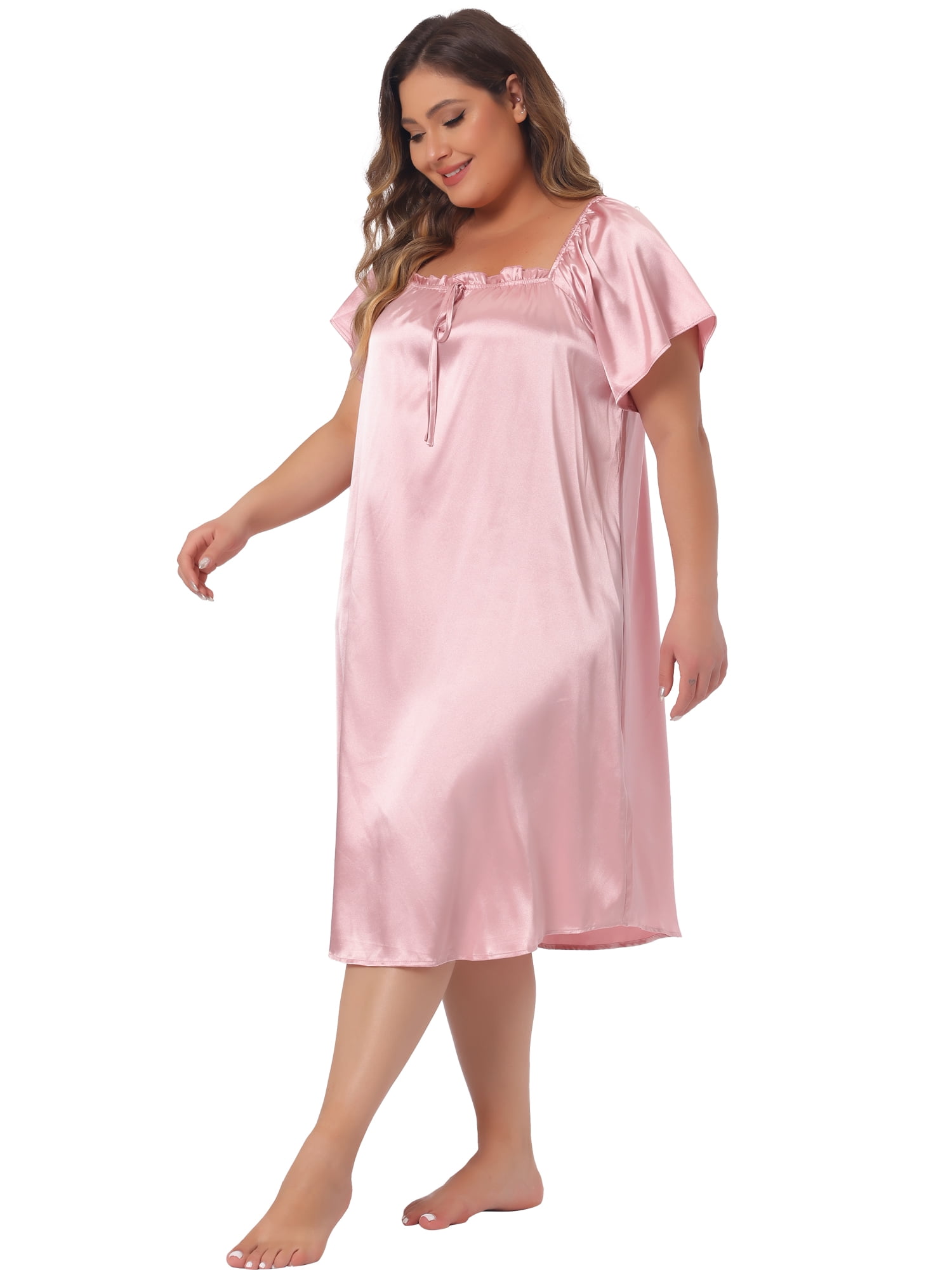 DARING DIVA Women's Plus Size Satin Silk Pleated Loose Nightgown 3X Pink