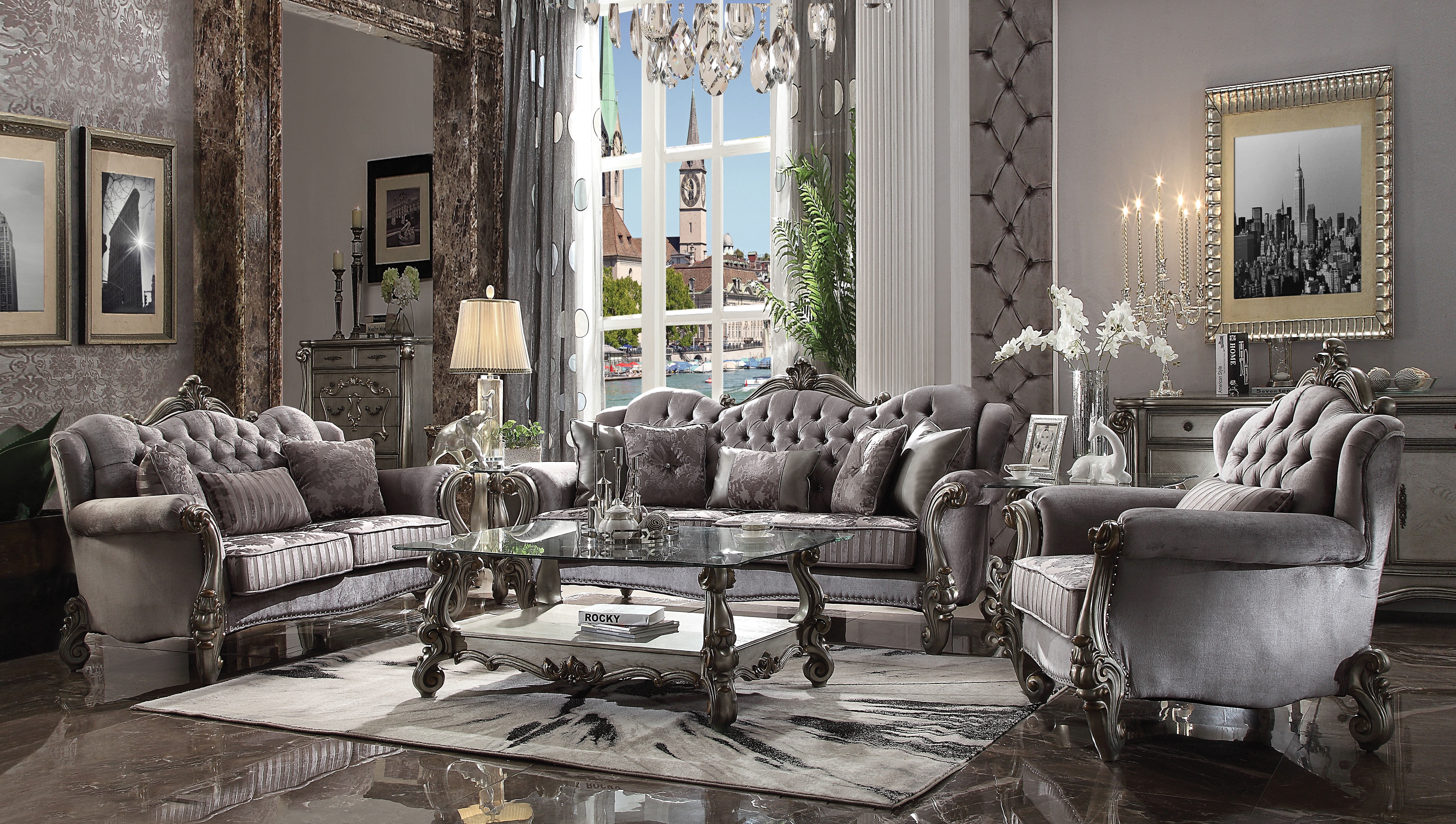 ACME Versailles Velvet Tufted Nail-head Trim Sofa in Antique Platinum and Silver