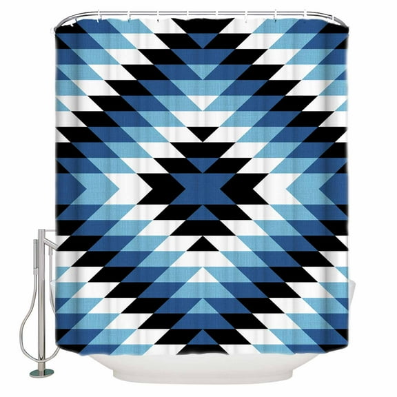 Fabric Shower Curtain, Boho Moroccan Blue Black and White Striped Geometric Shower Curtains with 12 Hooks Waterproof Machine Washable Bath Curtains for Bathroom, 36 x 78in