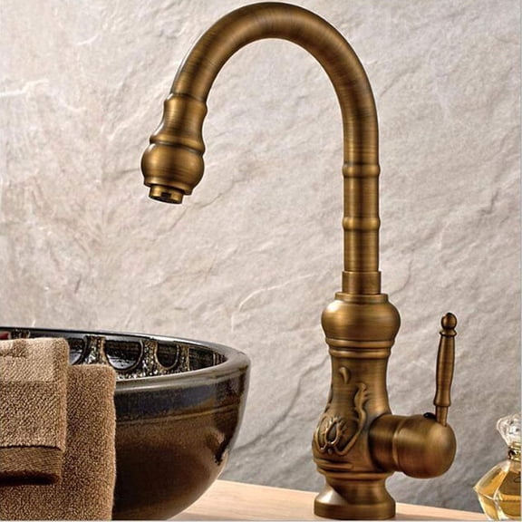 Vanity Sink Brass Tap, Retro Basin Mixer Faucet with Aerator Hot and Cold Adjustable Water Saving, Bathroom Single Lever Tap for Restaurant Hotel Toilet Kitchen Restroom,Gold