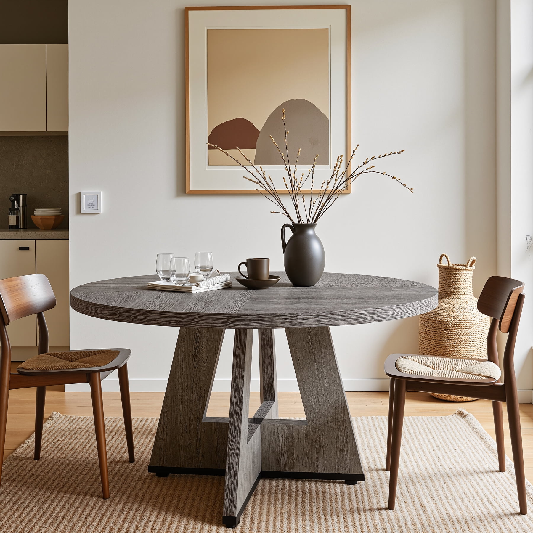 Fnova 47" Coffee Table, Round Dining Table for 4 People, Modern Farmhouse Wooden Kitchen Table, Living Room, Gray (Chairs Not Included)