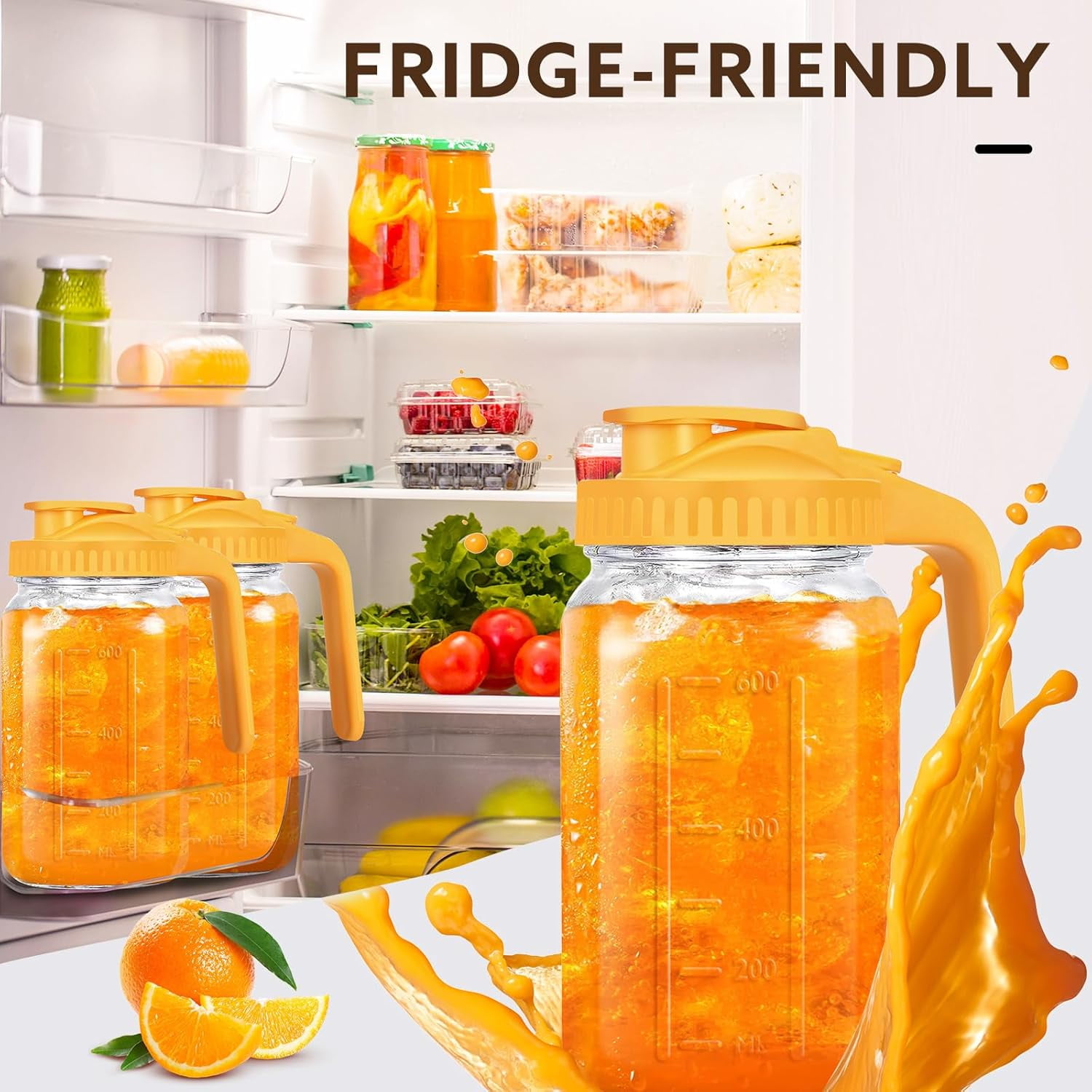 SUMMIT Glass Pitcher with Lid, 64 OZ Mason Jar Pitcher Double Leak Proof, 2 Quart Breast Milk Storage Containers for Fridge, Wide Mouth Glass Jar for Sun Tea, Juice, Cold Brew Coffee