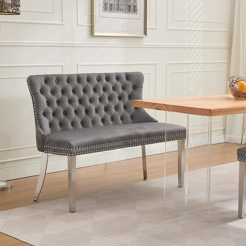Modern Velvet Double Dining Loveseat Bench, 2 - Seat Tufted Wingback Bench with Handmade Buttons, Gold - Plated Steel Legs, Upholstered Armless Dining & Living Room Seating