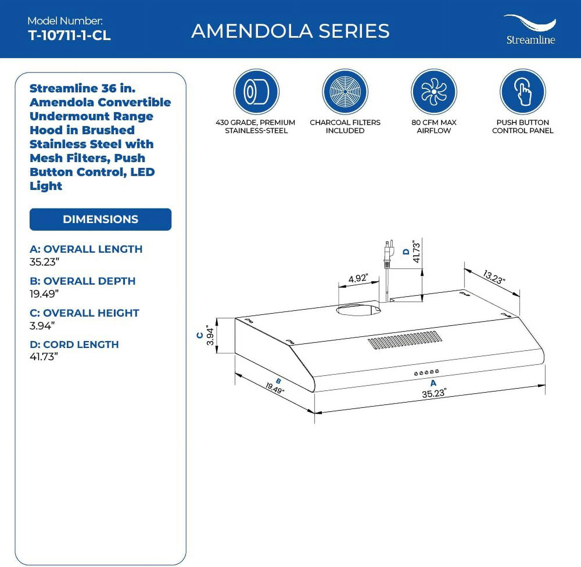 Streamline 36 in. Amendola Convertible Undermount Range Hood in Brushed Stainless Steel with Mesh Filters, Push Button Control, LED Light