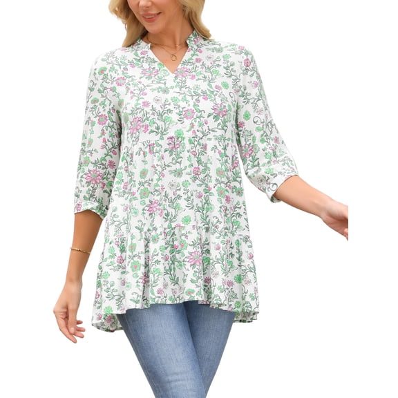 INSPIRE CHIC Women's 3/4 Sleeve Shirt Floral Print V Neck Tiered Ruffle Dressy Casual Beach Tunic Blouses S White