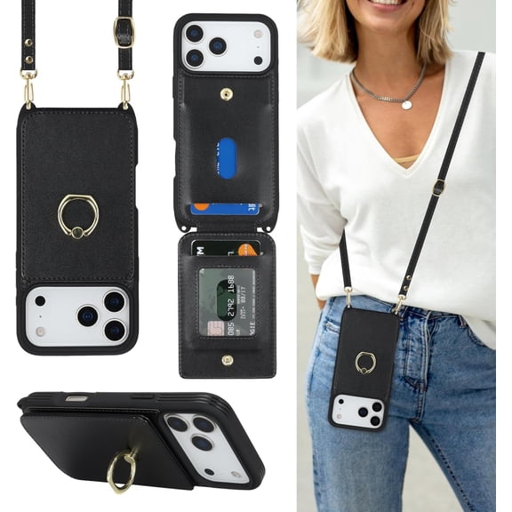 for iPhone 17 Pro Max Case with Card Holder and Strap for Women,Crossbody Lanyard,Ring Stand,Snap Clasp,Cute Phone Wallet Cases 6.9 inch (Black)
