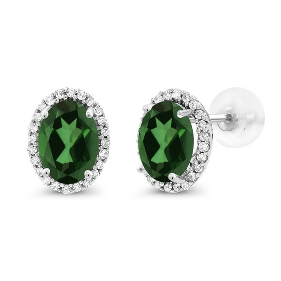 Gem Stone King 10K White Gold Emerald Envy Mystic Topaz and White Diamond Halo Stud Earrings for Women | 1.94 Cttw | Gemstone November Birthstone | Oval 7X5MM