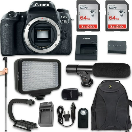 Canon EOS 77D DSLR Camera (Body Only) + 120 LED Video Light + Large Monopod + 128GB Memory + Shotgun Microphone + Camera & Flash Grip Handle