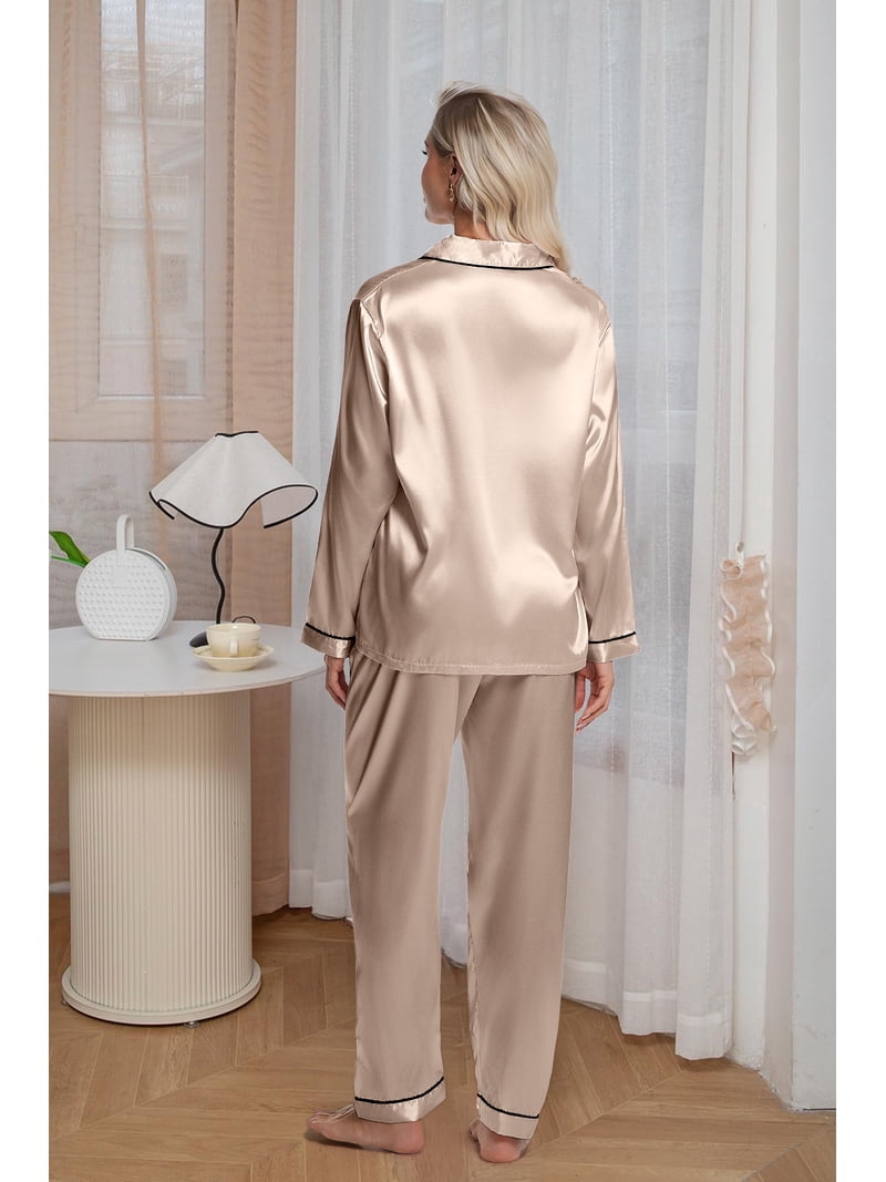 DAKIMOE Sleepwear Womens Silky Satin Pajamas Set Long Sleeve DAKIMOE Sleepwear Womens Silky Satin Pajamas Set Long Sleeve