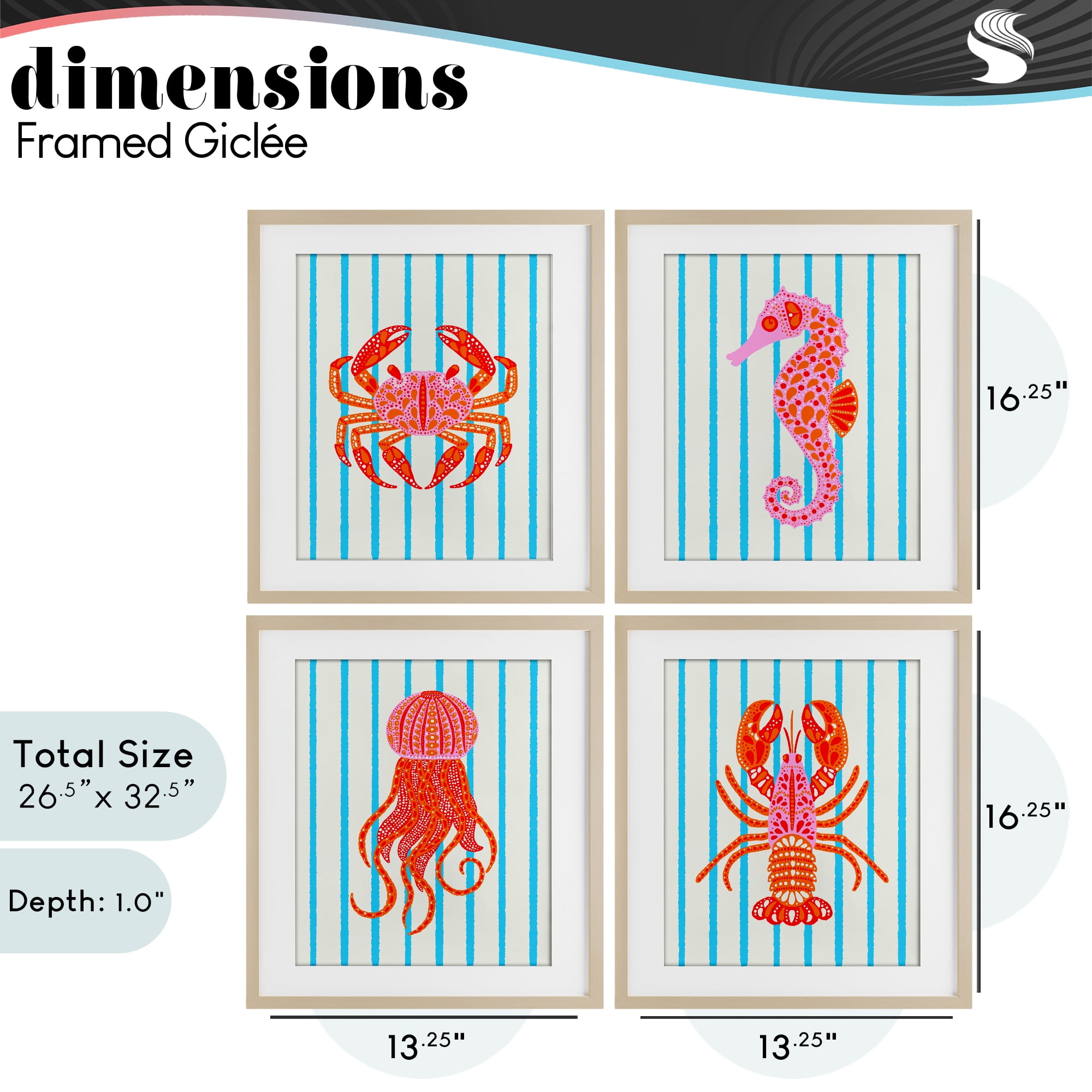 Stupell Industries Bright Sea Creatures on Stripes 4 Piece Birch Framed Print Under Glass Set, design by Indira Prieto | IndySign