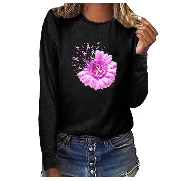 Camiseta de manga larga con cuello redondo suelta para mujer con estampado de cáncer de mama Pompotops gfhjh1529