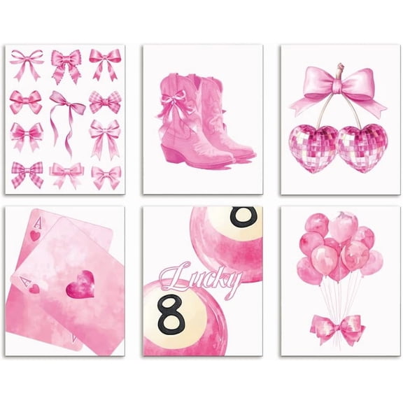 6 Pack Pink Trendy Preppy Unframed Waterproof Canvas Wall Art Decor Pink Cherry Disco 8" x 10" Heart Poker Canvas Wall Poster for Girl Home Office Bathrooms Bedrooms Living Room Decor