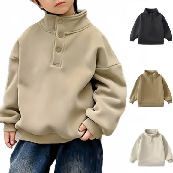NAISIBABY Boys Fleece Sweatshirt Size 8, Long Sleeve Buttons Stand Collar Fall Winter Warm Casual Fashion Pullover Hoodies Khaki（2-13T)