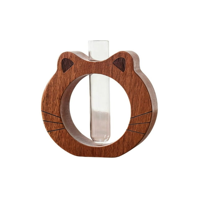 Jarrones Decorativos para la Decoración Del Hogar Adorable en Forma de Gato 13x13cm, Soporte de Madera con Tubo Transparente, Pequeños Jarrones de Vidrio para Flores