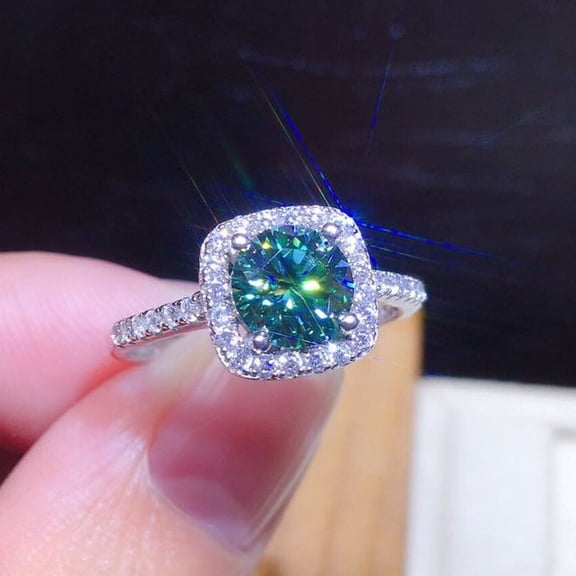 Artificial Blue And Green Moissan Diamond Full Diamond Ring Copper Gold Plated Inlay Gems Womens Adjustable Style Korean