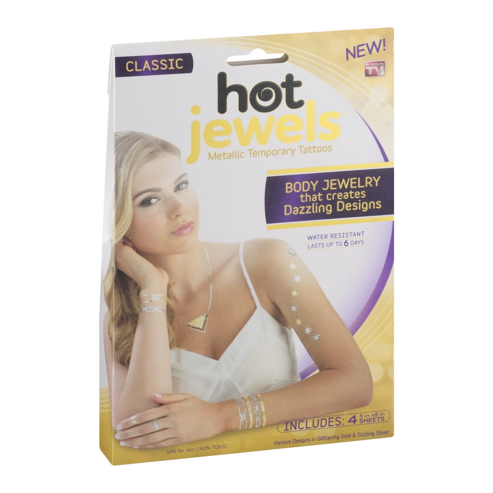 Hot Jewels Metallic Temporary Tattoos, Dazzle with Body Jewelry, 4 Sheets, as Seen on TV, Multi-colored