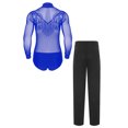 thumbnail image 2 of TiaoBug Latin Modern Ballroom Dance Outfit for Men Shiny Long Sleeves Deep V Neck Latin Leotard with Black Trousers Blue S, 2 of 7