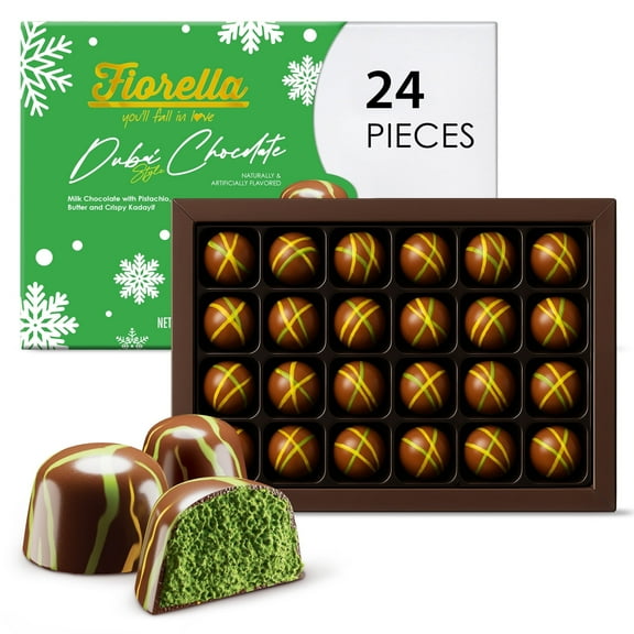 Fiorella Dubai Chocolate Truffles Holiday Edition Gift Box – Milk Chocolate with Pistachio, Butter & Crispy Kadayif, 24-Piece (288g)