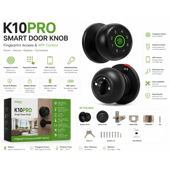 K10PRO Smart Door Knob Fingerprint APP Keypad Keyless Entry Door Lock Black