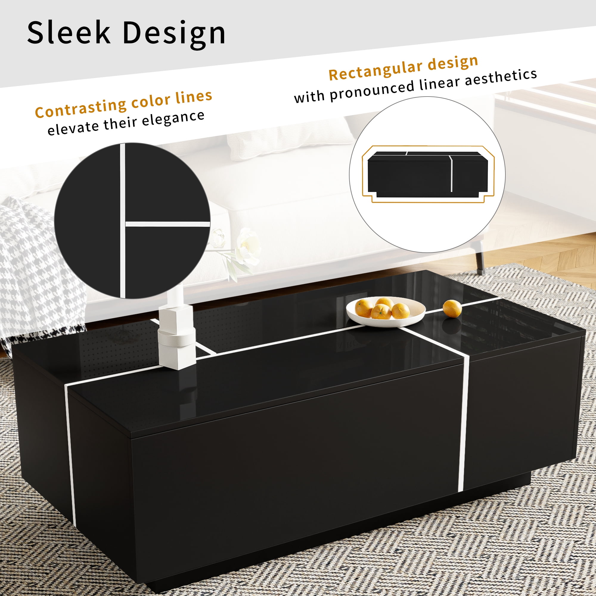 Extendable Coffee Table with 2 Hidden Storage Space and 2 Drawers,Modern Multi-Functional Coffee Table with High-Gloss Finish for Living Room,Black