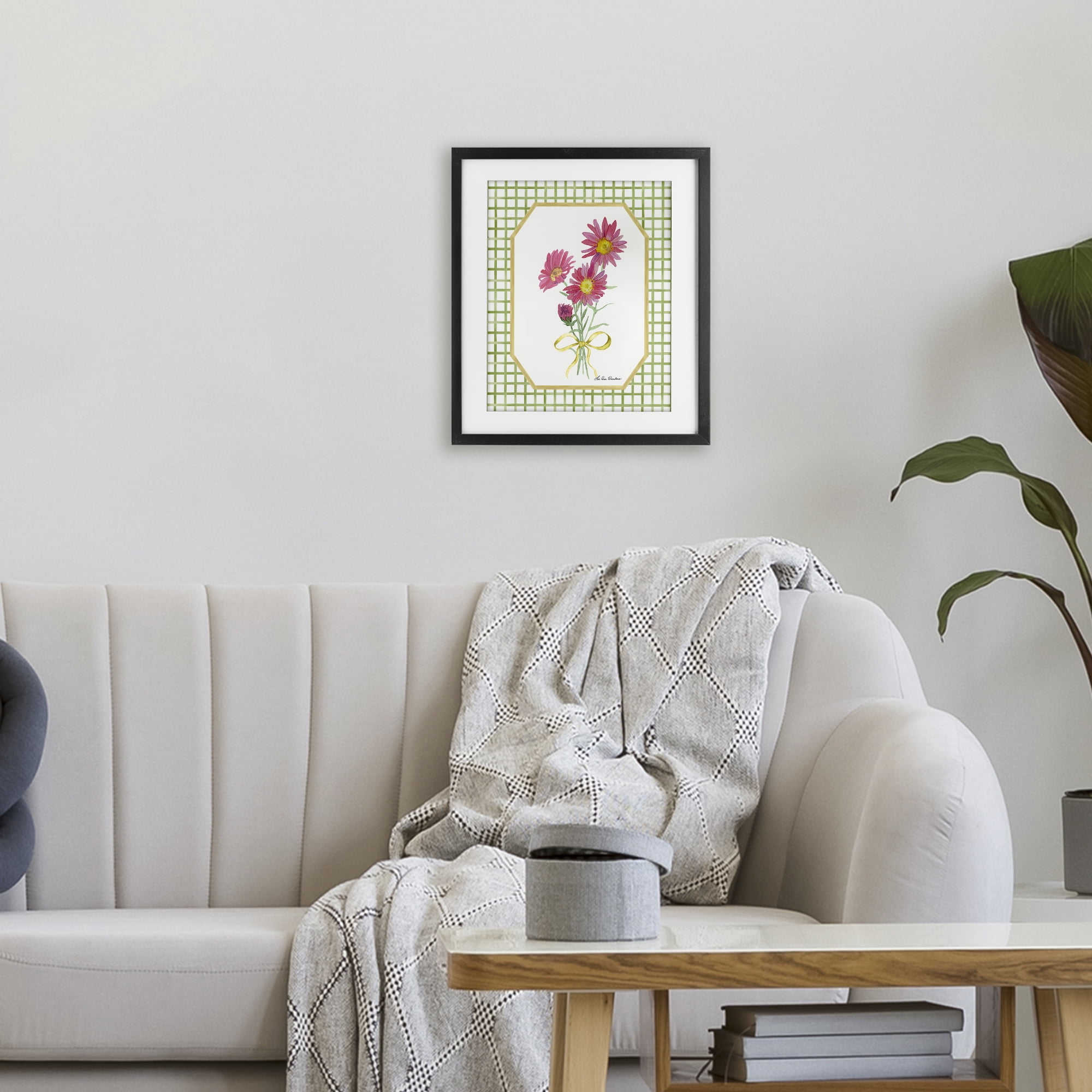 Botanical Story on Gingham Black Framed Print Under Glass, design by Lee Ann Sanders