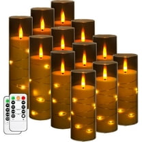 BAO Flameless Candles with Recessed String Light, Battery Operated Candles, Acrylic LED Pillar Candles with Remote Control and Timer, Gray, Set of 12