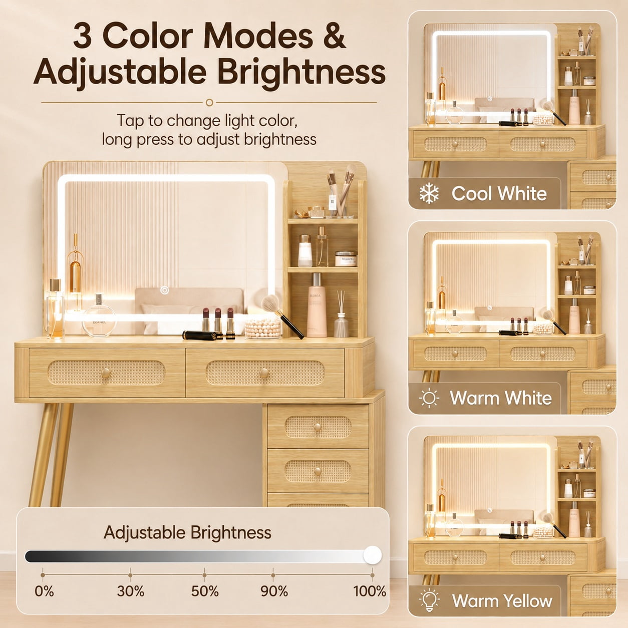 Aukfa 47.2" Rattan Makeup Vanity Desk with Lighted Mirror, Vintage Wood Vanity Table with 5 Drawers & Shelves, Gold Metal Legs, Natural