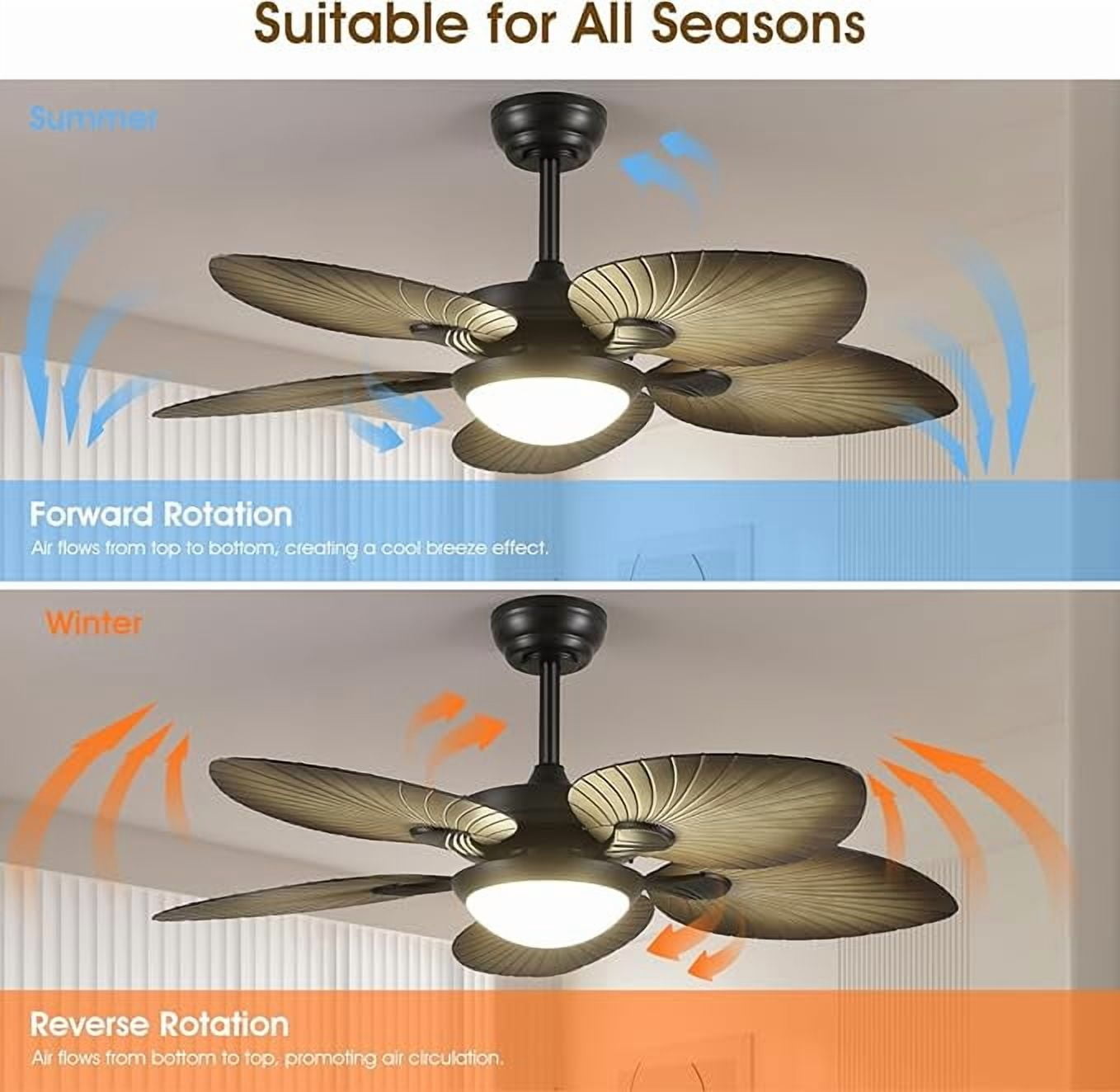 BayDay 44 Inch Tropical Palm Leaf Ceiling Fan with LED Lights, Remote/APP Control, Dimmable, Reversible Quiet Motor, Outdoor Ceiling Fan for Patio, Porch, Living Room, Bedroom, Wood Grain Finish
