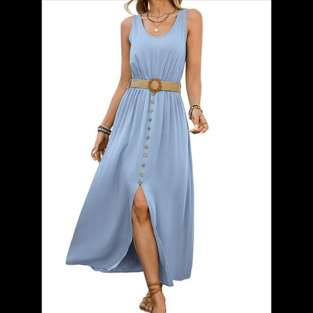 Vestidos de Verano para Mujer 2025, Sin Mangas, Abotonados, Cintura Baja, Informales, Corte A, Vestido Midi, Vestido de Verano, Azul , L