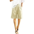 thumbnail image 4 of Mrat Bermuda Shorts for Women Knee Length Linen Shorts Elastic Waist Button Half Knee Pants with Pockets S-4 Beige L, 4 of 7
