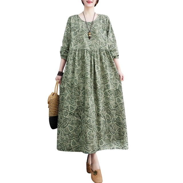 Vestido suelto de mujer con bolsillos Manga larga Impreso Vintage Casual Vestido de vacaciones MABOTO Vestido